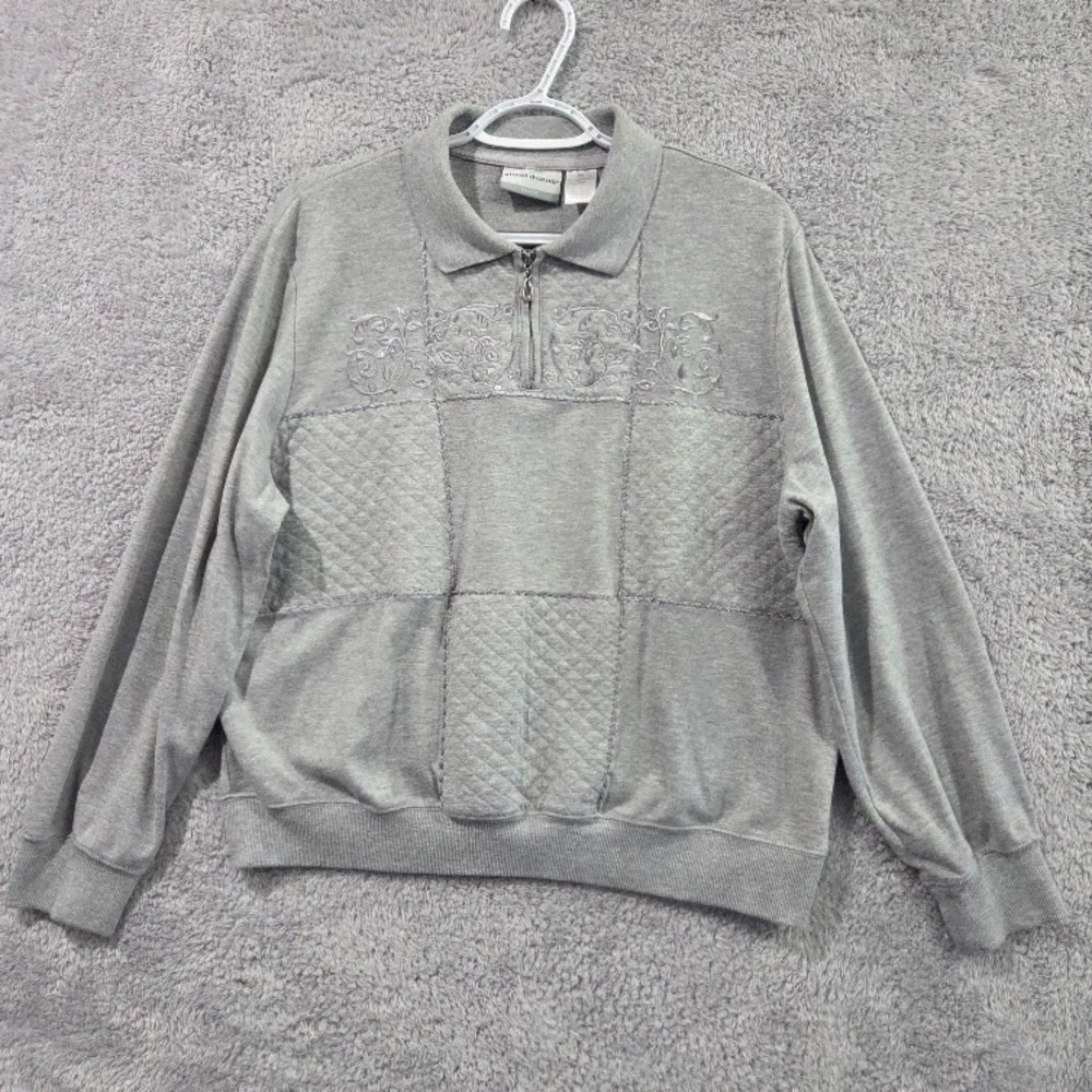 Alfred Dunner Pullover Women's PXL Gray Embroidered Quilted Quarter Zip Sweater